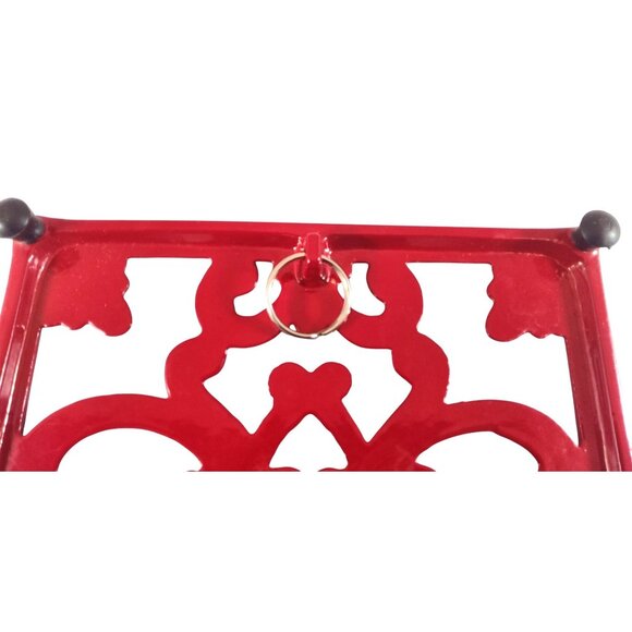 Vintage Red Enamel Cast Iron Trivet With Rubber Feet & Hanging Ring - Picture 6 of 11